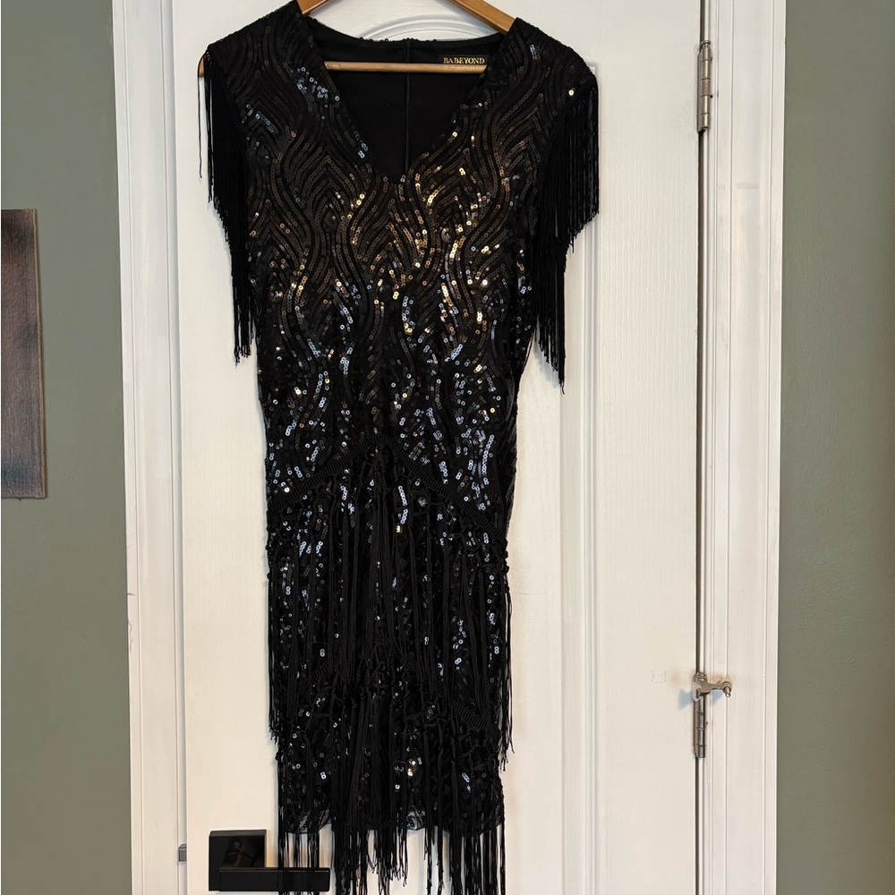 Black Sequin Flapper Fringe Dress